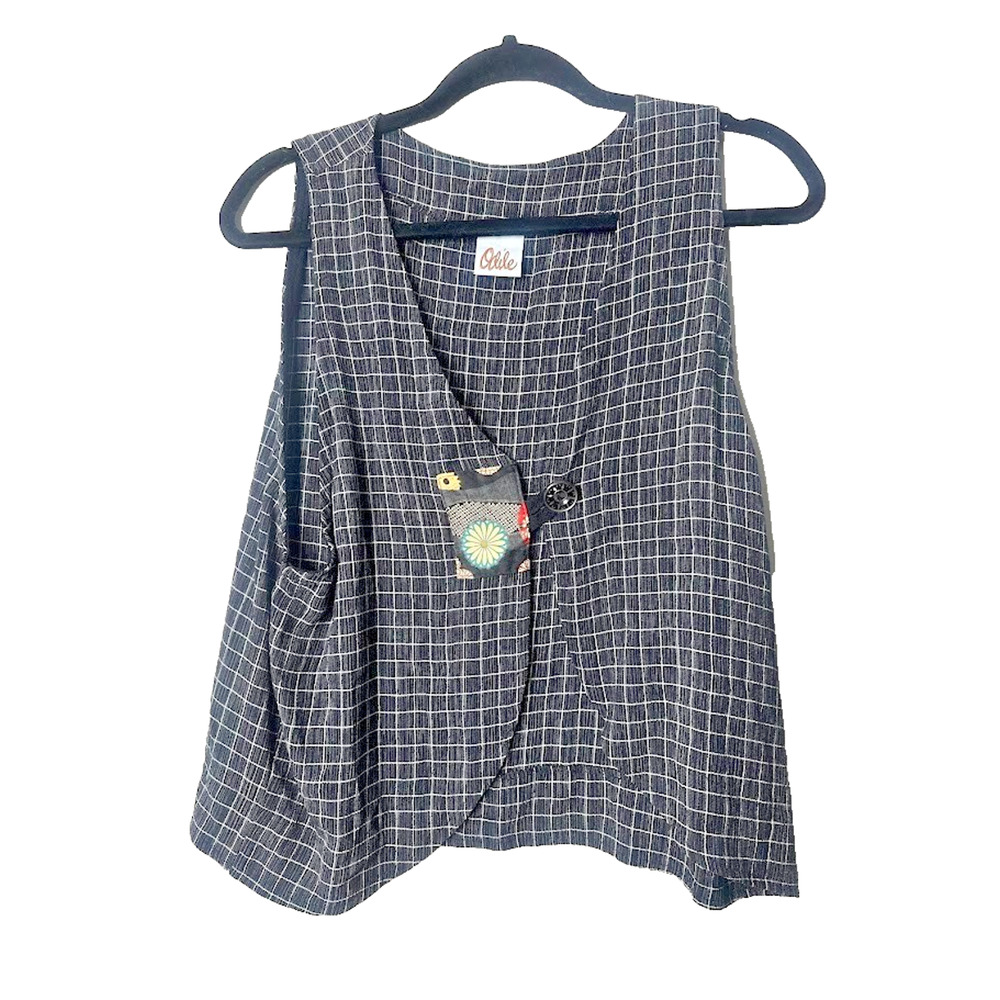 Odile Anthropologie Black Button Plaid Sleeveless Vest Lagenlook Boho Artsy S